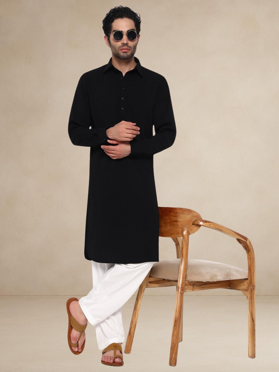 Plain Black Textured Button-Up Pathani Suit