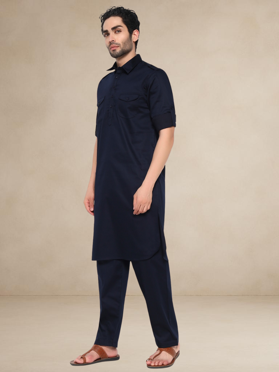 Navy Blue Military-Style Pathani Suit