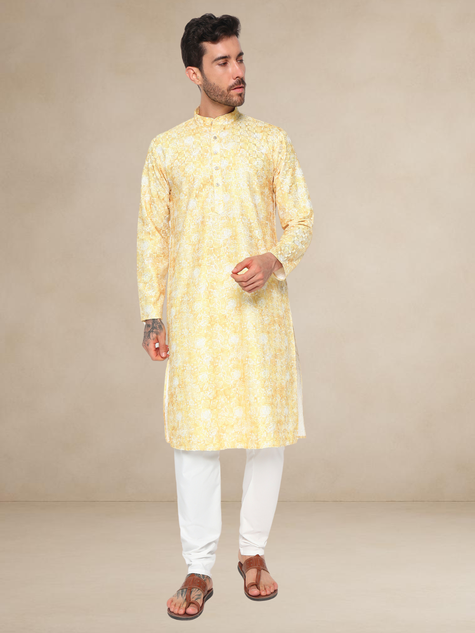 Printed Haldi Kurta Pyjama Set for Men Yellow