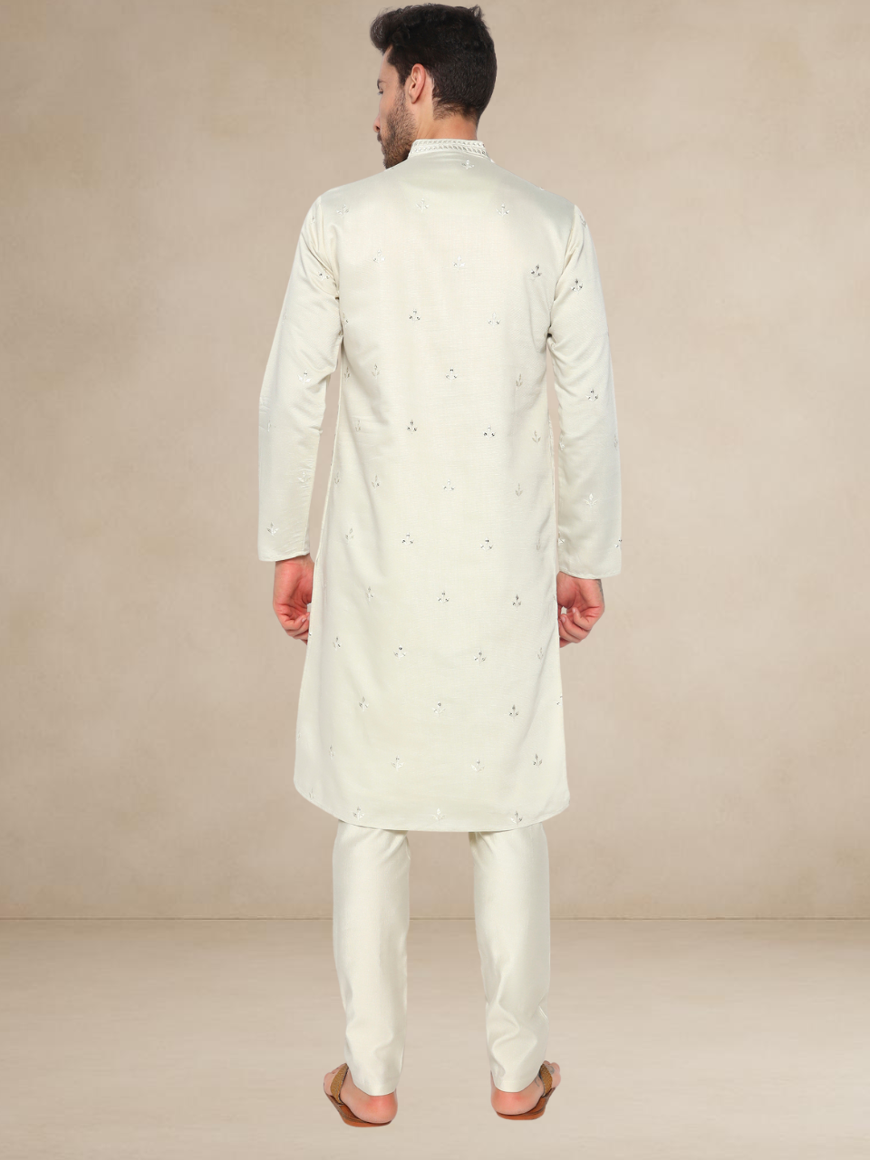 Embroidered Kurta Pyjama Set for Men Beige