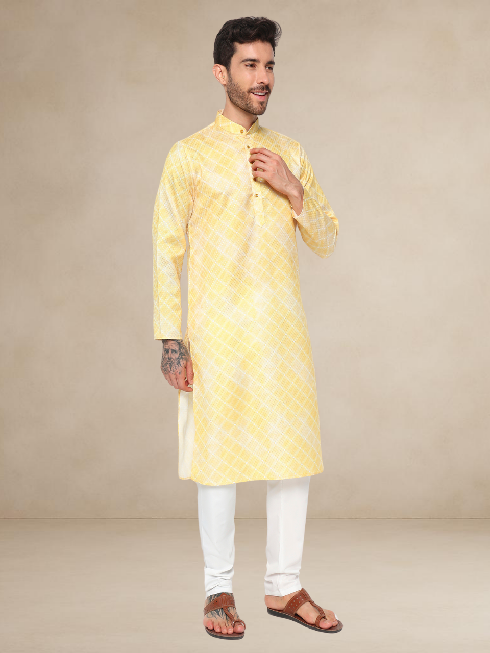 Printed Haldi Kurta Pyjama Set for Men 2XL Mustard