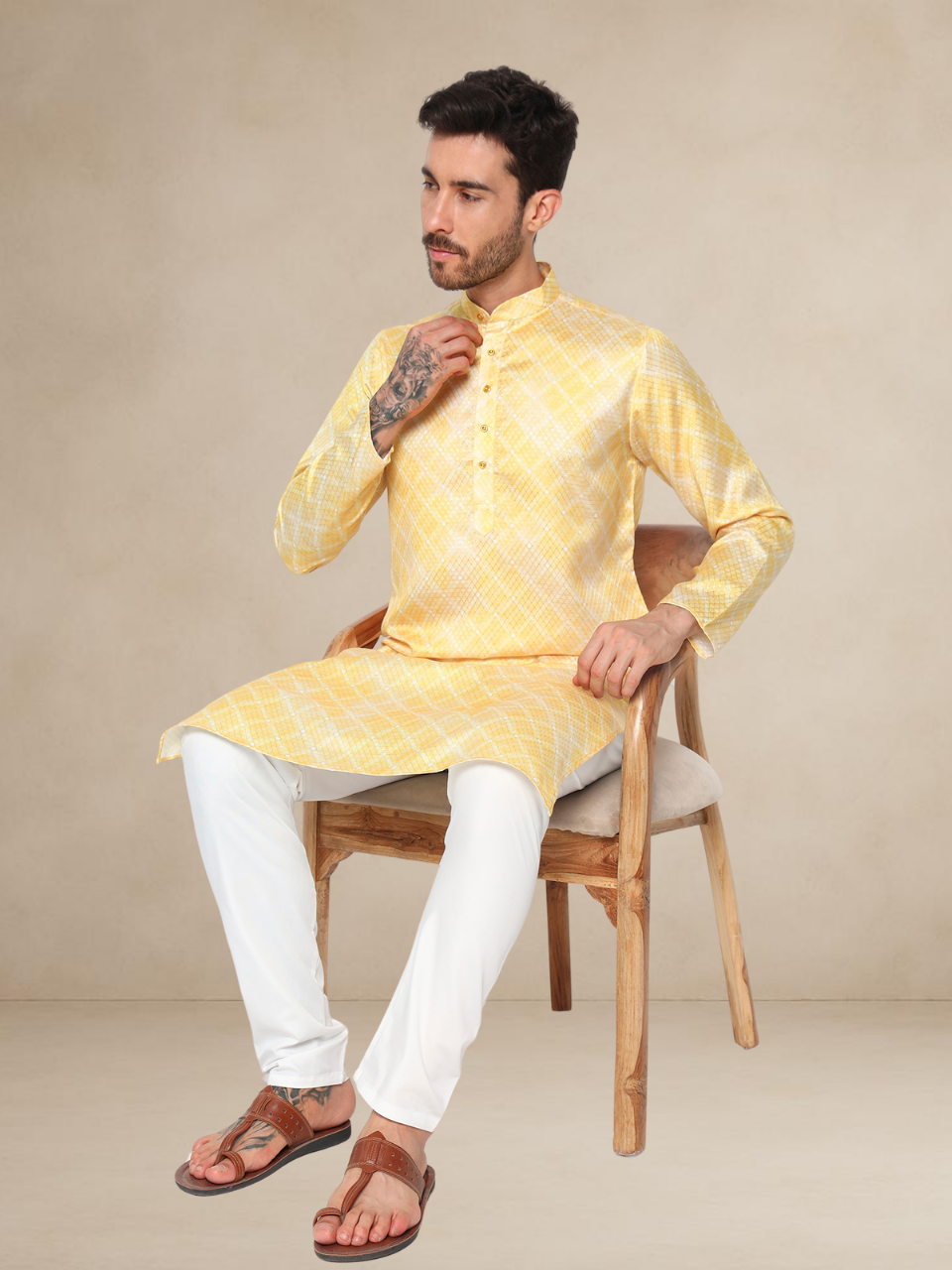 Printed Haldi Kurta Pyjama Set for Men Lemon Yellow