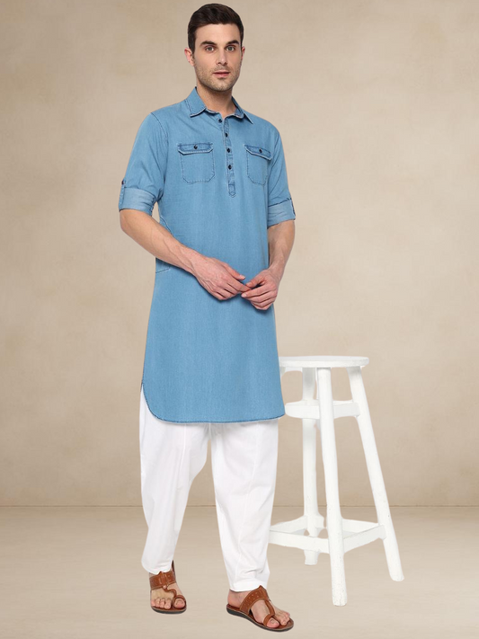 Ice Blue Denim-Style Pathani Suit For Men