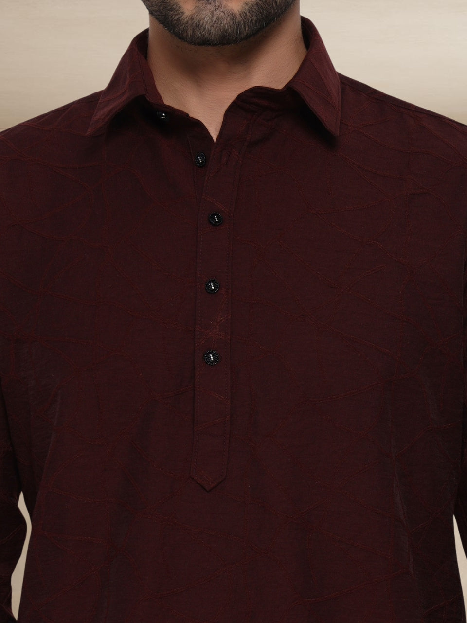 Maroon Abstract-Embroidered Popover Pathani Suit