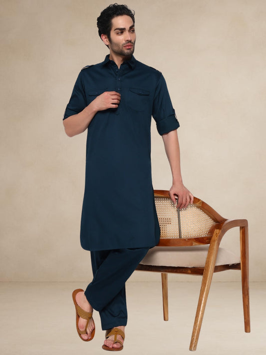 Plain Navy Blue Military-Style Pathani Suit