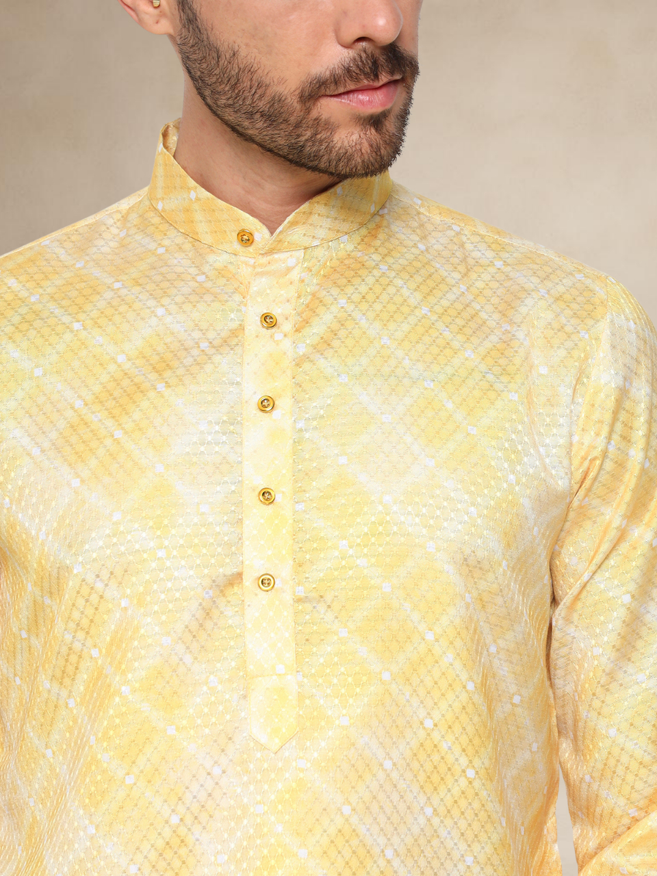 Printed Haldi Kurta Pyjama Set for Men 2XL Mustard