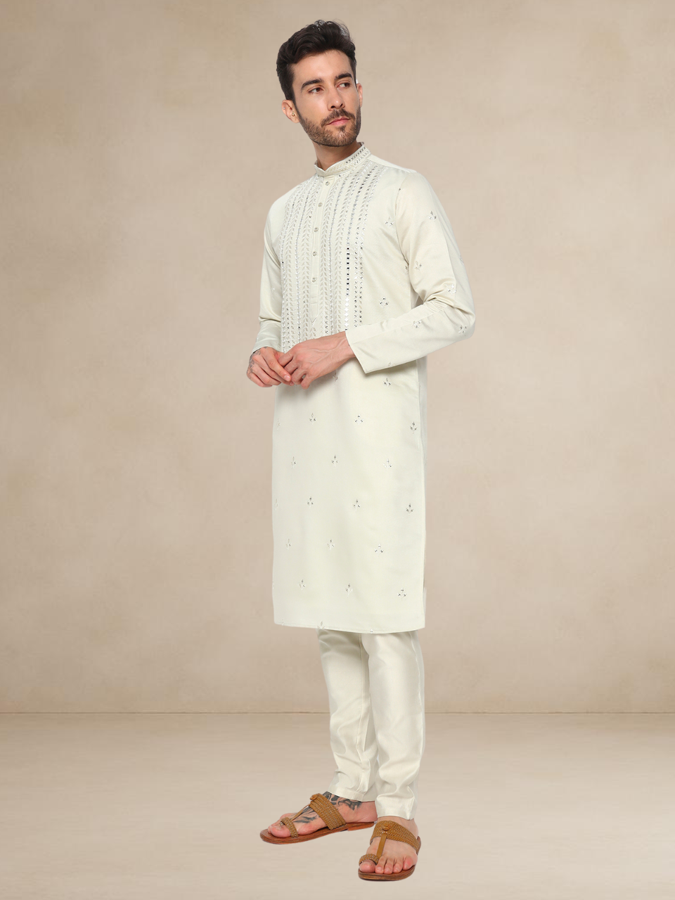 Embroidered Kurta Pyjama Set for Men Beige
