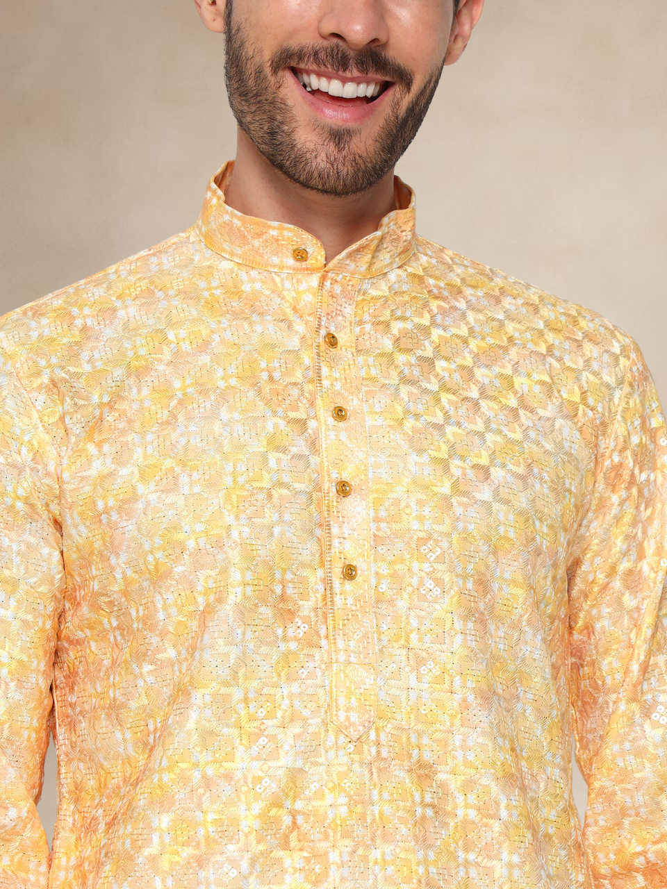 Printed Haldi Kurta Pyjama Set for Men 2XL Mustard