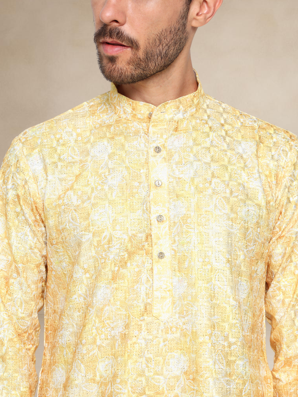 Printed Haldi Kurta Pyjama Set for Men Yellow