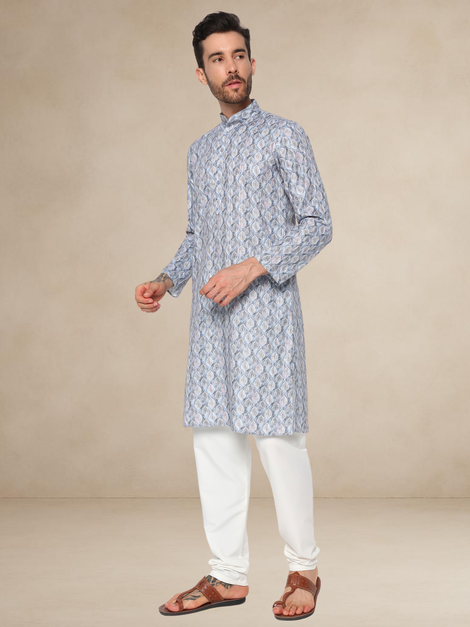 Dusty Blue Printed Kurta Pyjama Set for Men