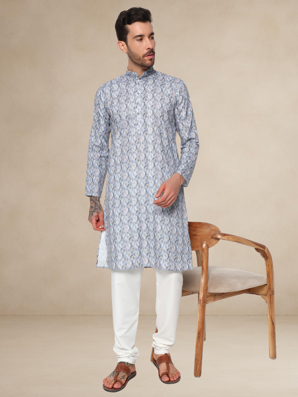 Dusty Blue Printed Kurta Pyjama Set for Men
