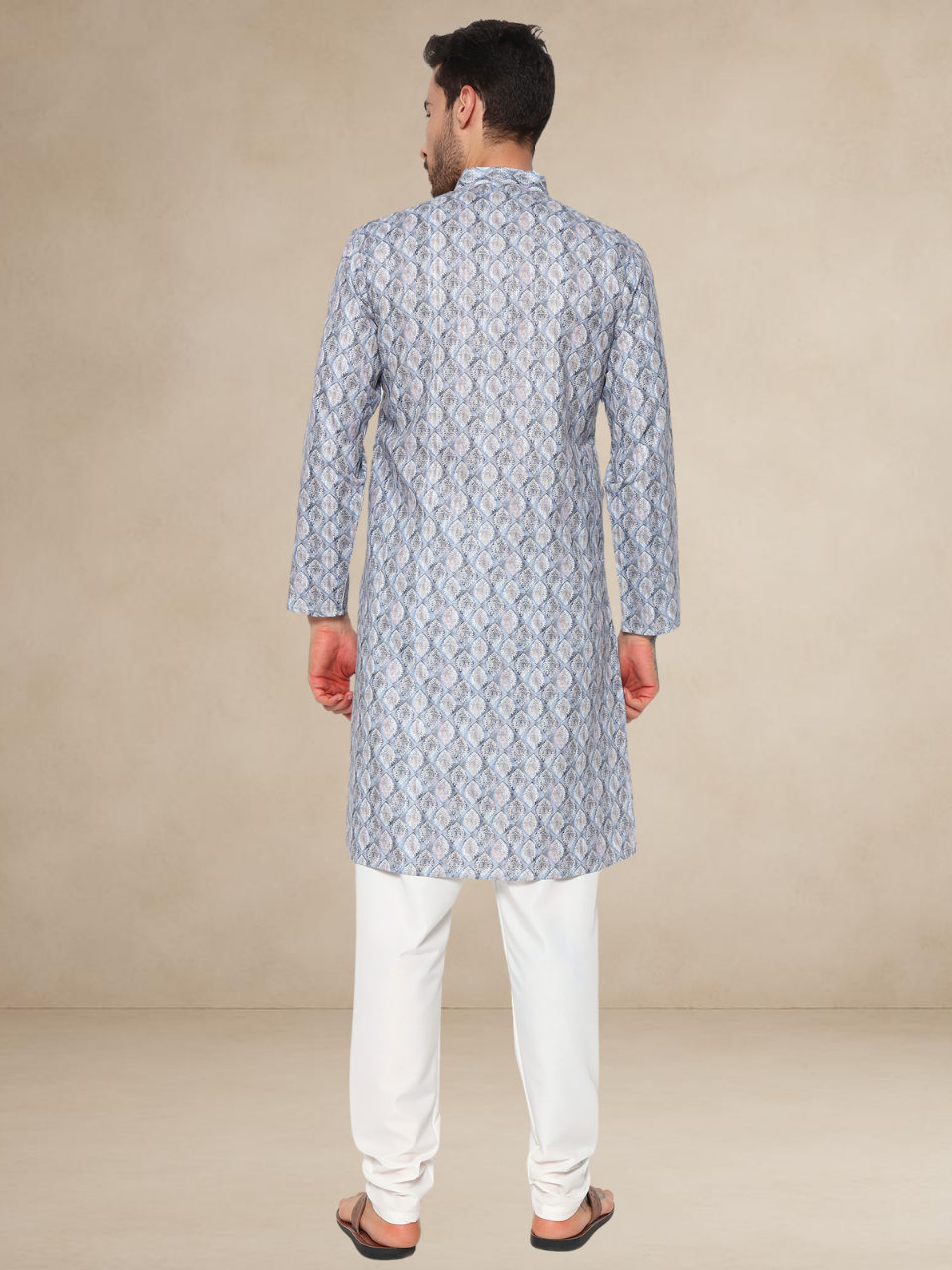 Dusty Blue Printed Kurta Pyjama Set for Men