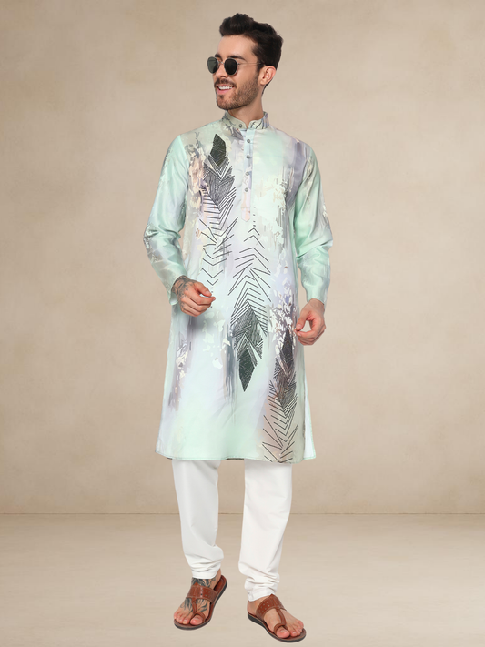 Designer Kurta Pyjama Set – Abstract Leaf Print | Bettino mint green