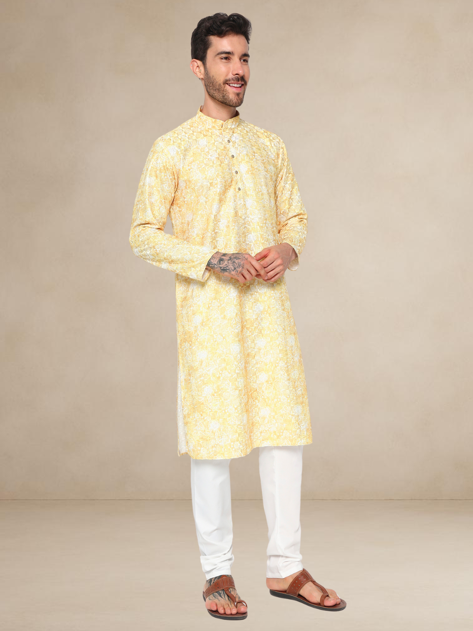 Printed Haldi Kurta Pyjama Set for Men Yellow