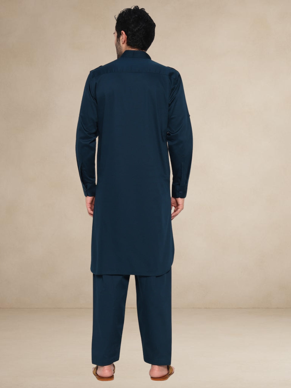 Plain Navy Blue Military-Style Pathani Suit