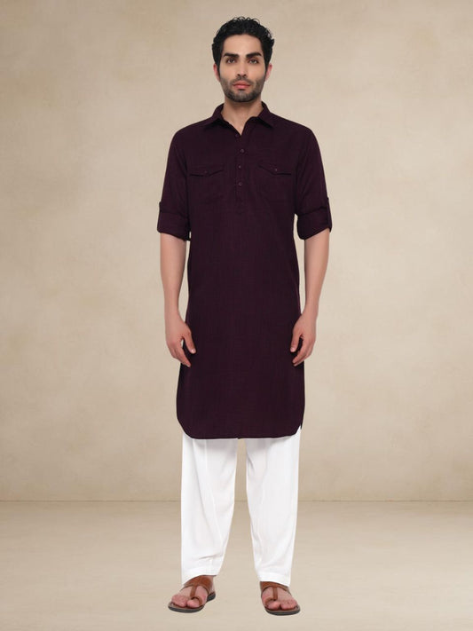Textured Utility Pathani Suit Wine