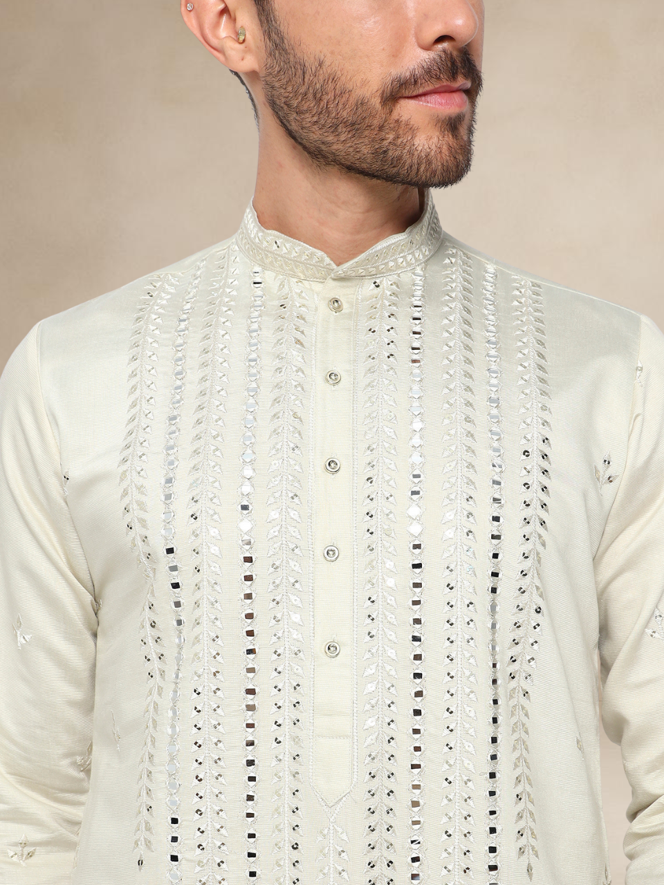 Embroidered Kurta Pyjama Set for Men Beige