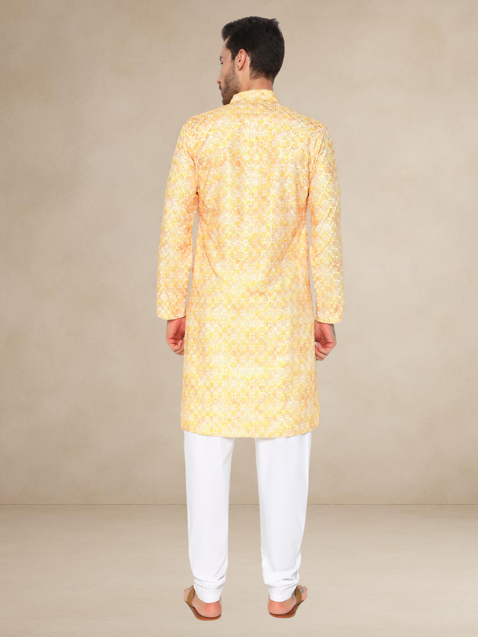 Printed Haldi Kurta Pyjama Set for Men 2XL Mustard