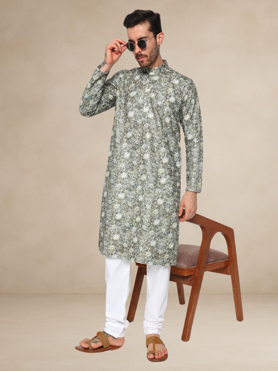 Olive Green Floral Kurta Pyjama Set Geometric