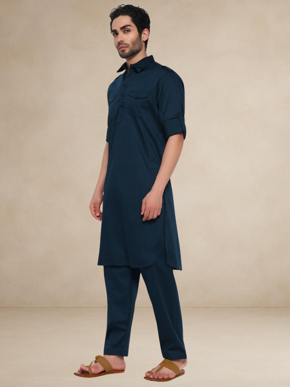 Plain Navy Blue Military-Style Pathani Suit
