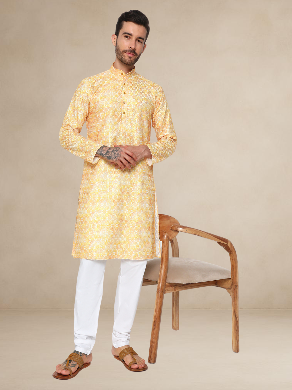 Printed Haldi Kurta Pyjama Set for Men 2XL Mustard