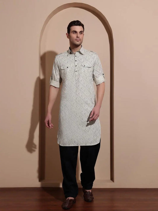 Ivory Coloured Printed Beige Pathani Suit