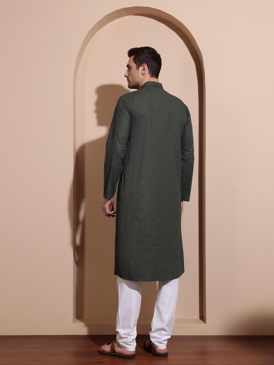 Elegant Dark Green Printed Cotton Kurta for Men