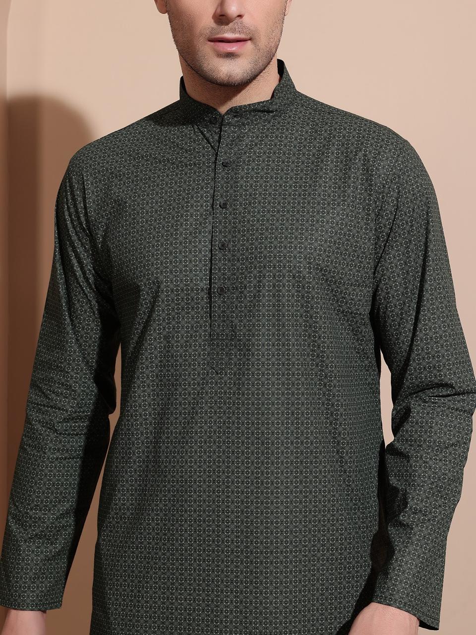 Elegant Dark Green Printed Cotton Kurta for Men