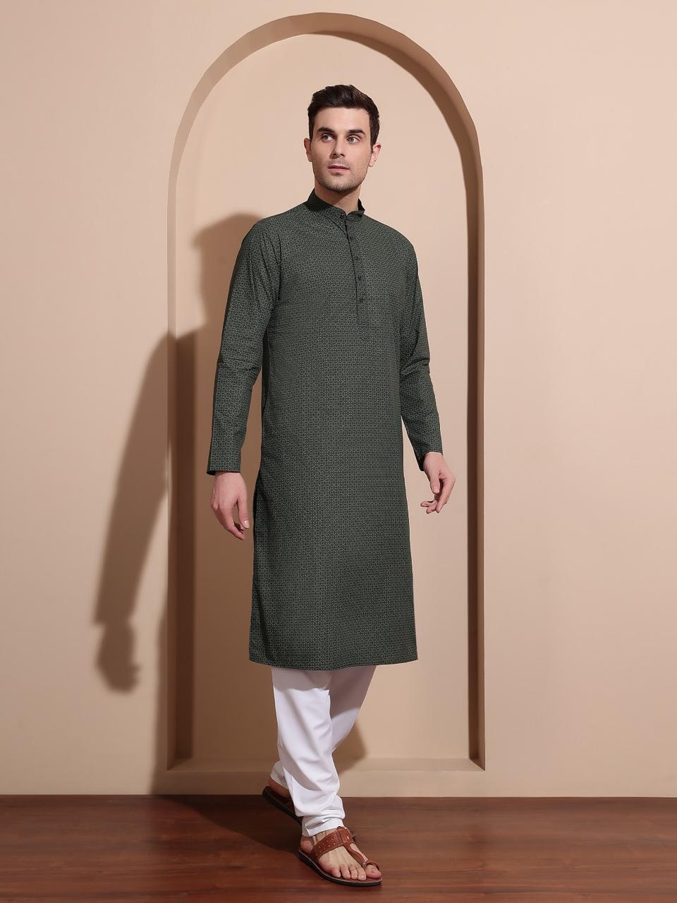 Elegant Dark Green Printed Cotton Kurta for Men