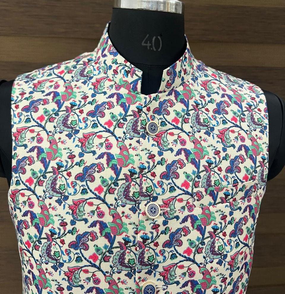 Off-White Multicolor Floral Printed Nehru Jacket for Men