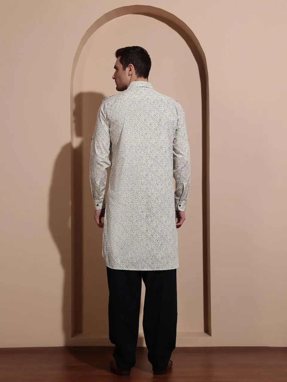 Ivory Coloured Printed Beige Pathani Suit