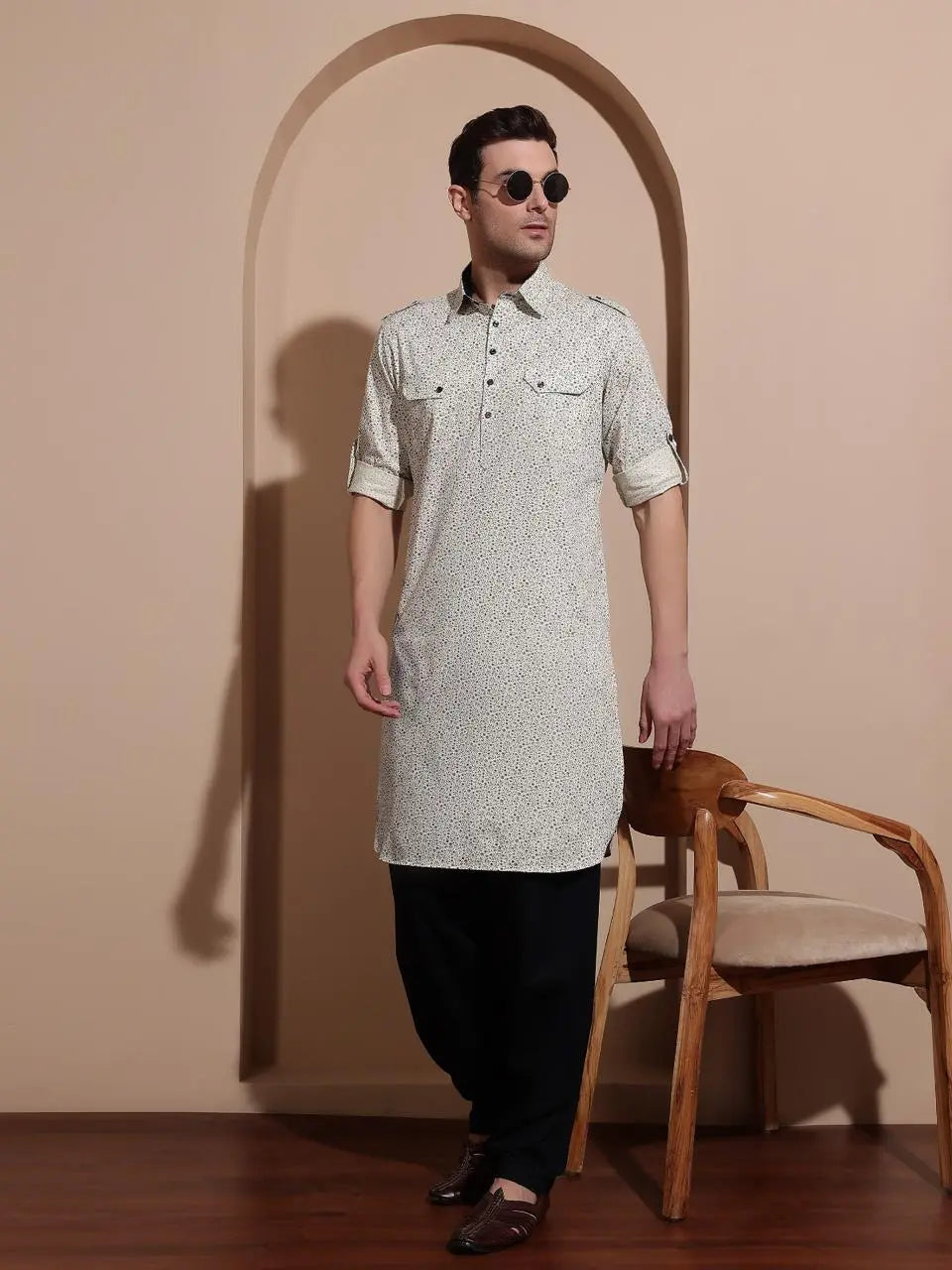 Ivory Coloured Printed Beige Pathani Suit