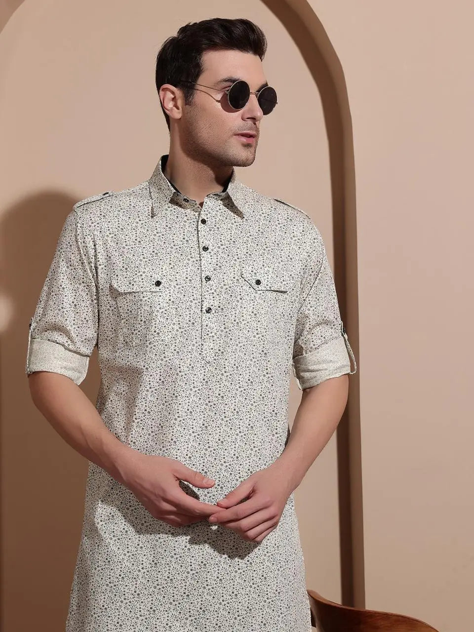 Ivory Coloured Printed Beige Pathani Suit